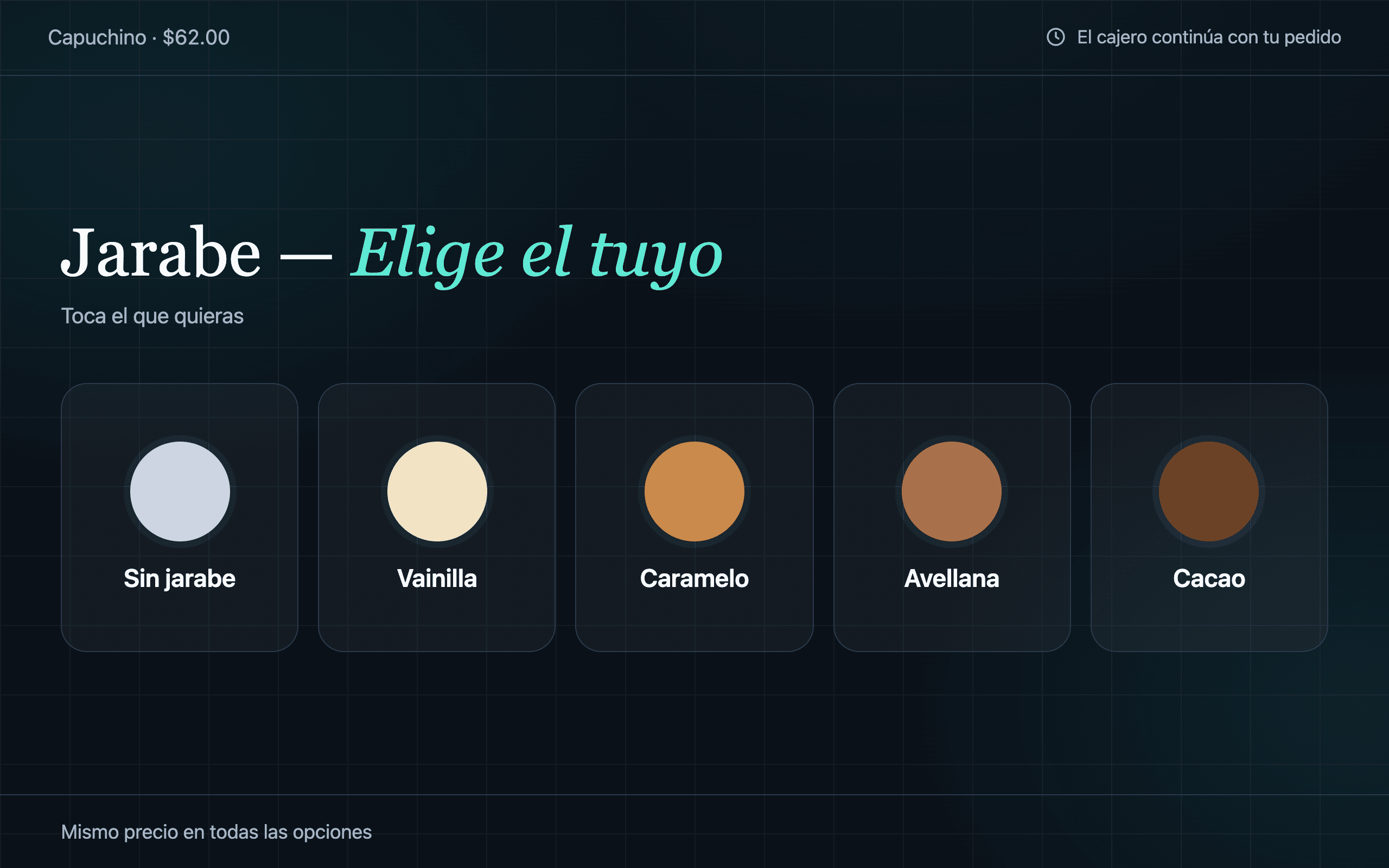 Pantalla del cliente pidiéndole elegir su jarabe, con muestras de color.