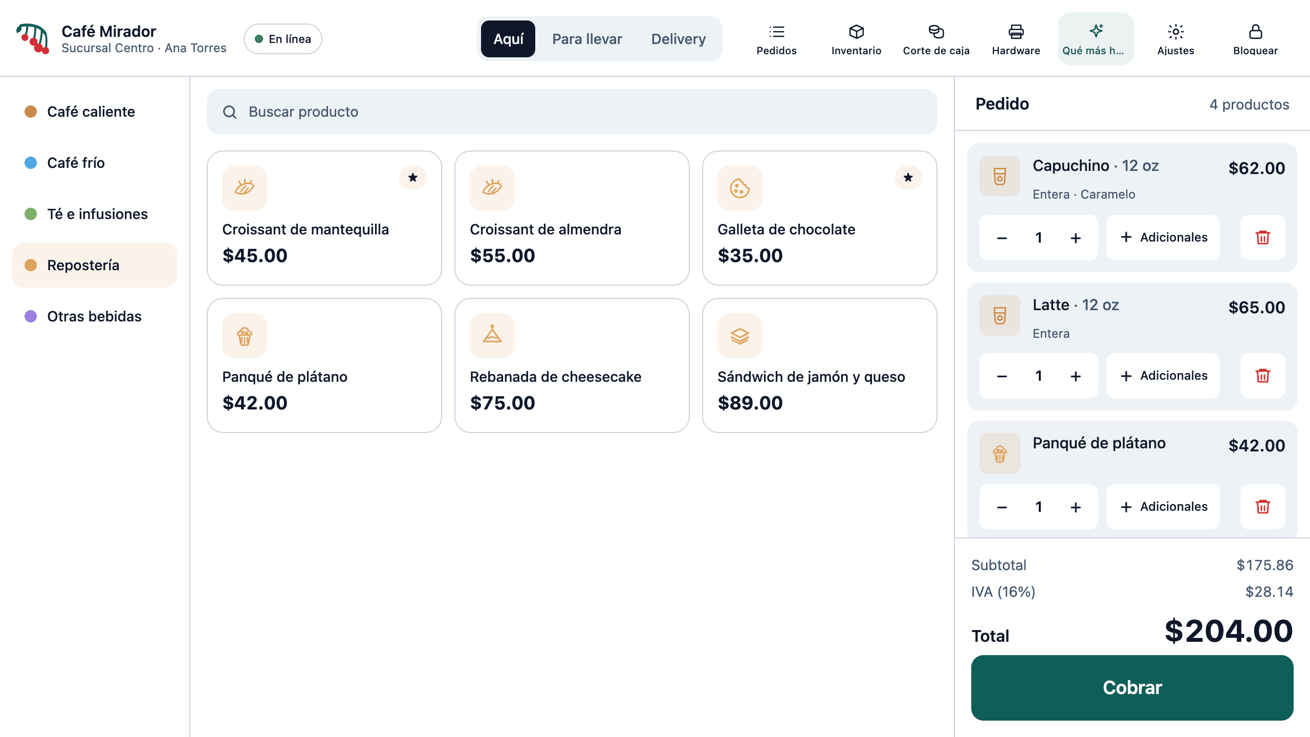 Terminal SUNMI D3 con Pirul: a la izquierda la caja con un pedido en curso; enfrente, la pantalla del cliente mostrando su pedido y el total.